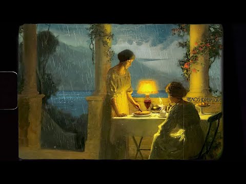 1930's Summer night rain on a terrace by the ocean (vintage oldies music, ocean waves) 6 HOURS ASMR