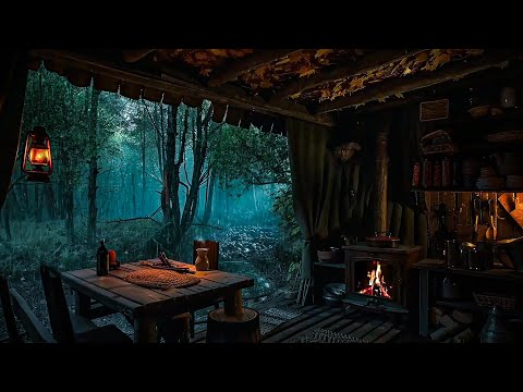 Hiding in A Tent during Rainy Night in the Forest: Fireplace and Rain On Tent Sound, Night Nature