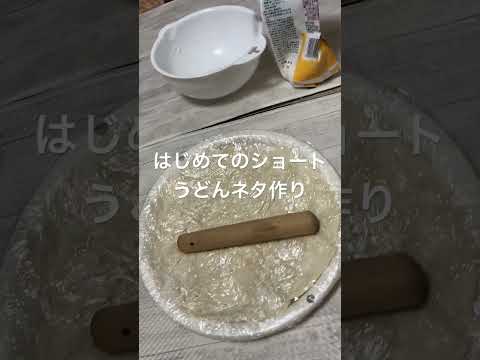 はじめてのショートうどん作り１/中力粉300g,仕込み水(食塩15g,水140ml弱)、ラップ活用で清潔に練り込み常温熟成60分後にさらに練り込み、さらに常温熟成30分でネタ作り終了。カットや押伸ばし