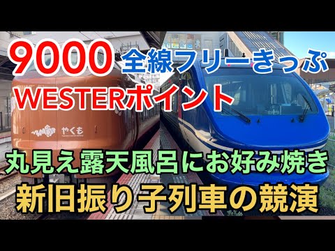 【神きっぷ】JR西日本 9000WESTERポイント全線フリーきっぷ 乗り放題2日目 丸見え露天風呂にお好み焼き 新旧振り子列車の競演！ 温泉街散策