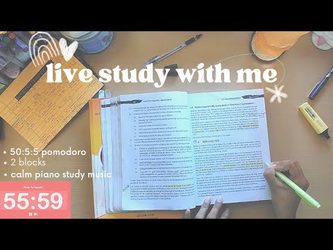 STUDY WITH ME LIVE [2 HOURS] | Pomodoro 50:5:5 Timer x 2 blocks | calm piano study music