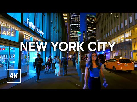 New York Night Walk - Downtown Manhattan, Virtual Walking Tour 4K