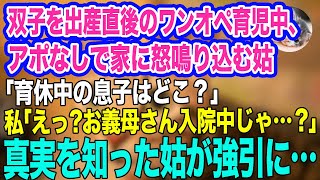 双子を出産直後のワンオペ育児中、アポなしで家に怒鳴り込む姑「育休中の息子はどこ？」私「えっ？お義母さん入院中じゃ…？」姑「は？」→3時間後、真実を知った姑が強引に…【スカッとする話】