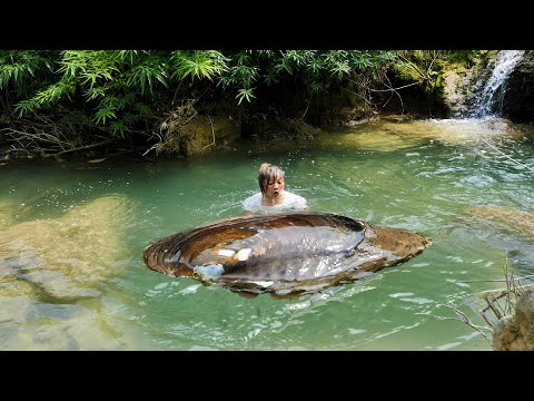 The girl excitedly dived into the water and caught the giant clam, harvesting its sparkling pearls