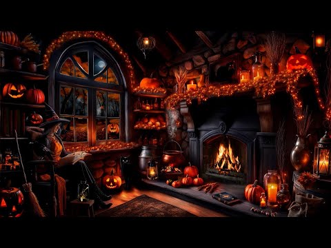 COZY WITCH HALLOWEEN COTTAGE AMBIENCE-JACK-O-LANTERNS-CRACKING FIREPLACE-GHOSTS-FALLING LEAVES