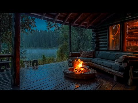 Soothing Rain On Roof and Crackling Fire Sound for Sleeping - Rainy Porch Ambience