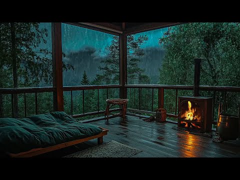 Cozy Forest Balcony 🔥 Lay Down and Sleep to Rain and Thunder Sounds to Beat Insomnia