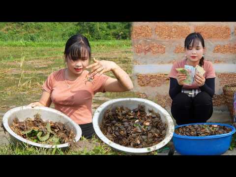 Girl digs for crabs, catches frogs and snails and sells agricultural products. Vietnamese rural girl