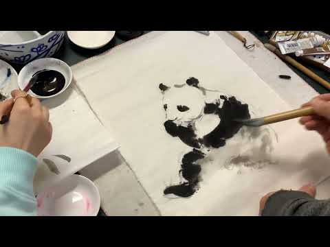 Painting Panda Bear  with Henry Li ink and water on mulberry paper