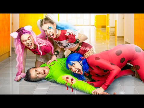 Vampire Apocalypse in Superhero School / Harley Quinn Vs Hello Kitty Vs LadyBug / Part 1 and 2