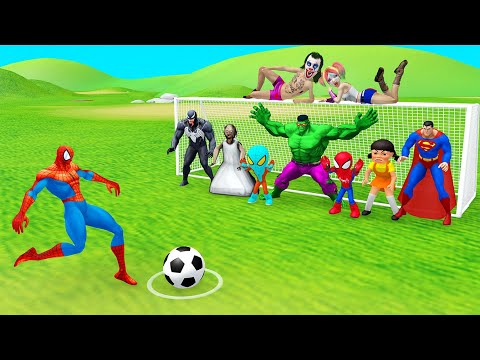 Spiderman Challenges Soccer: Spider man vs Joker, Hulk, Venom, SuperMan, Squid Game | Spider Junior