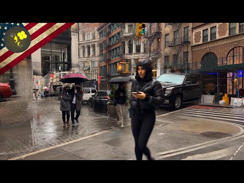 New York City -Rain Walk -Downtown Manhattan - 4K Tour USA Rainy🌧️