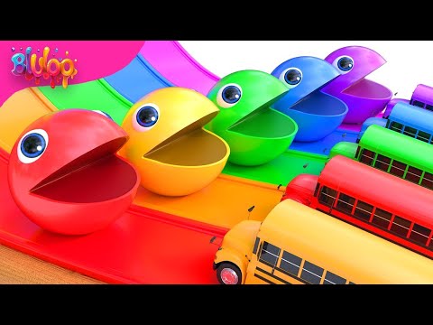 Learn Colors with PACMAN VS SchoolBus and Farm Magic Slide | BluLoo Nursery Rhymes & Kids Songs