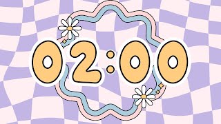 🌼2-Minute Timer | Purple Checkered Countdown with Daisies & Bell Sound⏳💜 4K