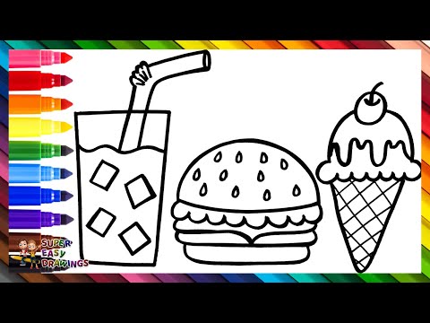 Draw and Color Fast Food 🍔🥤🍦 Drawing of a Burger, Coca Cola, and Ice Cream 🌈 Drawings for Kids