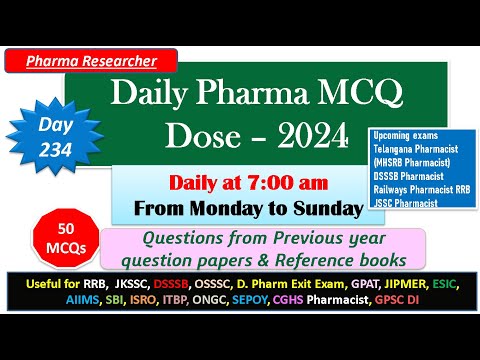 Day 234 Daily Pharma MCQ Dose Series 2024 II 50 MCQs II #exitexam #pharmacist #druginspector #dsssb