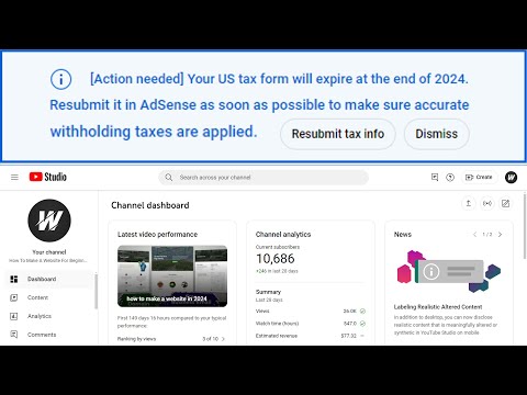 Action needed Your US tax form will expire at the end of 2024 - Resubmit YouTube US tax info