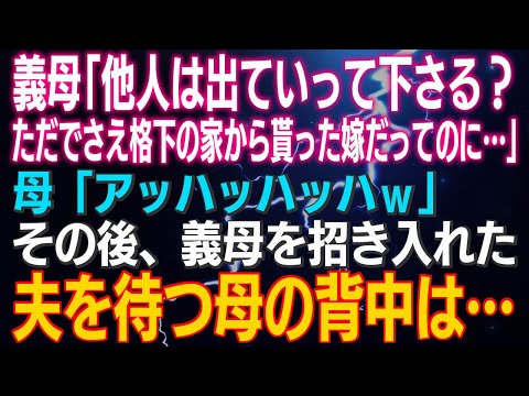 【スカッとする話】義母「他人は出ていって下さる？ただでさえ格下の家から貰った嫁だってのに…」母「アッハッハッハｗ」その後、義母を招き入れた夫を待つ母の背中は…