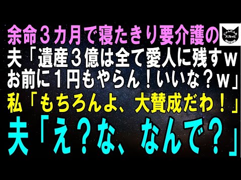 【スカッとする話】余命３カ月で寝たきり要介護の夫「遺産３億は全て愛人に残す。お前には１銭もやらん！いいな？ｗ」私「もちろんよ、大賛成！」夫「え、え？何で？」実はｗ【修羅場】