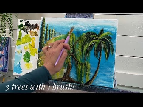 How To Paint 3 TREES with 1 BRUSH! Step by step Tutorial for beginners