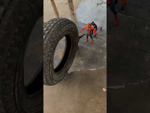 Giant tyre attack on avengers spidey and trex dinosaur