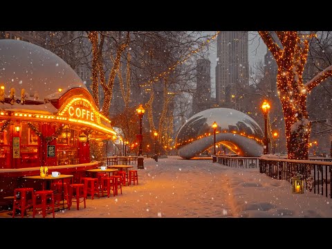 Chicago Cozy Winter Coffee Ambience ☕ Gentle Piano Jazz Music and Snowfall for a Relaxing Mood ❄️