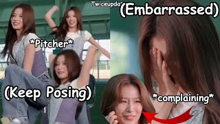 twice sana getting embarrassed after pretending being a pitcher ft. Jeongyeon clowning sana