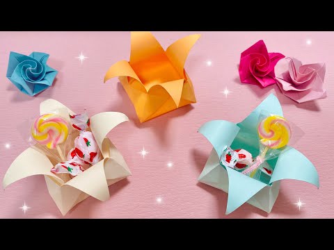 【おりがみ】花びらみたいな箱の作り方🌷💕簡単折り紙BOX！