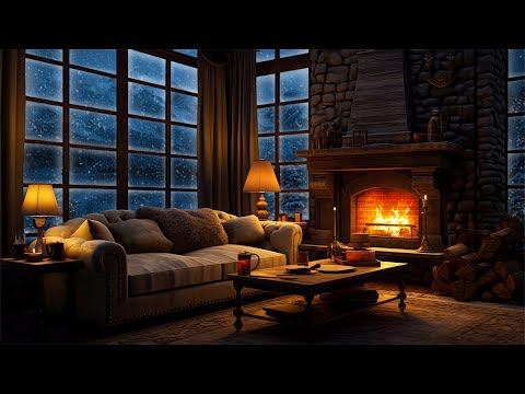 Cozy Cabin with Snowfall & Crackling Fireplace | Winter Ambience