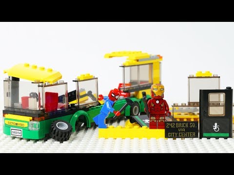 SpiderMan and IronMan Block Building a Lego City Bus