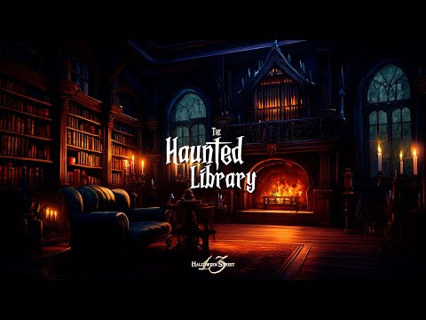 👻 The Haunted Library 🦇 | 8 Hrs of Cozy Autumn Fireplace & Storm Sounds and Halloween Ambience