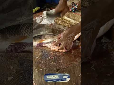 A man cutting tilapia fish on the street in Bangladesh