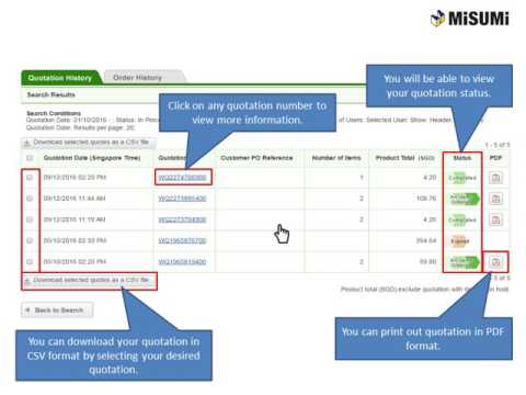 Search for your past Quotation & Order History in MISUMI Web Ordering System.