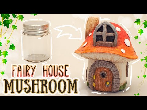 🍄 Mushroom House Made with Clay Over Glass Jar 🍄 (diy air dry clay)