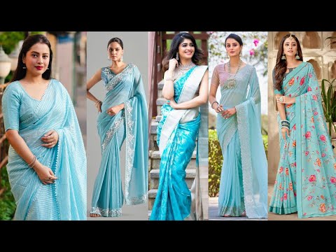 Simple and Stylish Light Blue Sarees 2025//Trending Sky Blue Sarees//Designer Light Blue Sarees