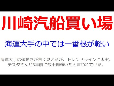 川崎汽船株価の買い場探し。アクティビスト・エフィッシモが３年以上株主として名を連ねており、海運大手3社の中でも一番値動きが良い。２０２４年７月末まで自社株買いで株価が急上昇。