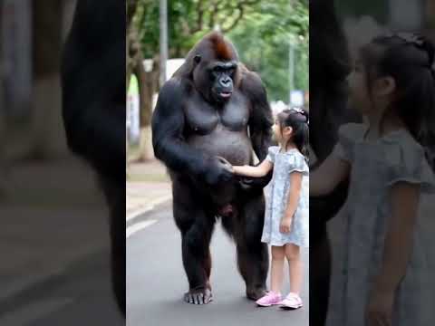 Baboon with a little girl