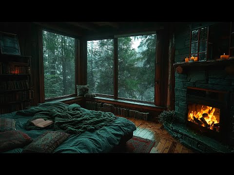 Wooden Room with Forest Ambience - Rain On Window, Crackling Fireplace Sound for Healing, Sleeping