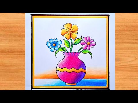 Flower pot drawing | How to draw flower pot with flowers | Easy and beautiful flower vase drawing