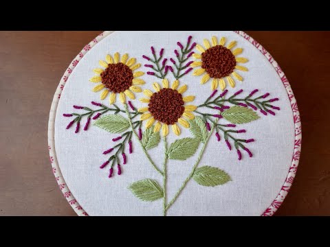 【刺繍】ひまわりと夏の野草、右利き