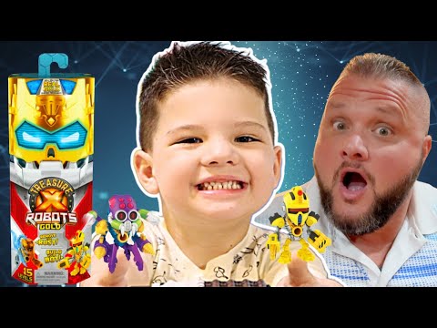 CALEB BUILDS a ROBOT with DAD! Playing with TREASURE X ROBOTS GOLD TOYS