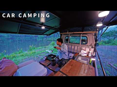 [Car camping in heavy rain] Record-breaking downpour. Car camping in a light truck tentRakuhoro Camp