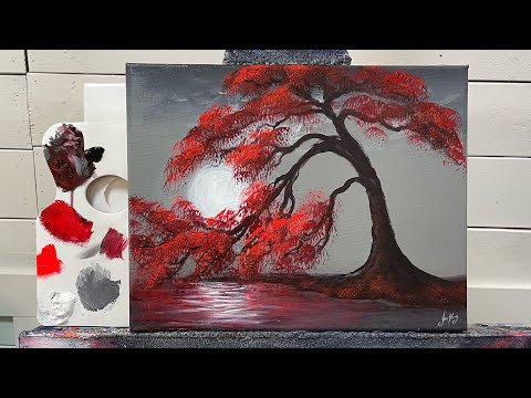 How To Paint A RED TREE and FULL MOON