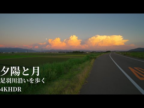 Sunset and moon Just walking along the Asuwa River, Japan 4KHDR 夕陽と月 福井県足羽川沿いを歩くだけ