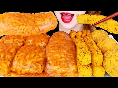 ASMR LONG CARBO FIRE NOODLES WRAP, CHEESE BALL, FRIED CHICKEN COOKING RECIPE EATING SOUNDS MUKBANG