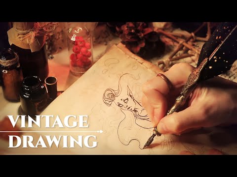 ASMR | Vintage Mermaid Drawing | papers, nib feather pen, fireplace sounds