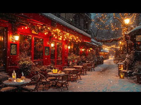 Gentle Winter Jazz Music at a Warm Outdoor Cafe - Exquisite Piano Jazz Music and Snowfall