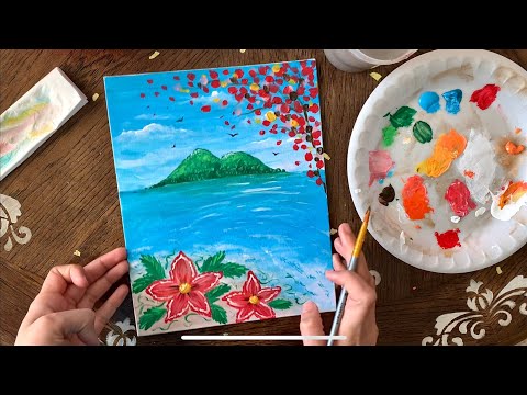 Paint with me! Acrylic Step by Step Painting for Beginners, Easy Beach With Flowers Canvas Painting