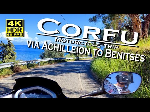 Corfu Motorcycle trip via Achilleion to Benitses, Greece 4K 60fps HDR 💖 Best places 👀 Motorbike trip