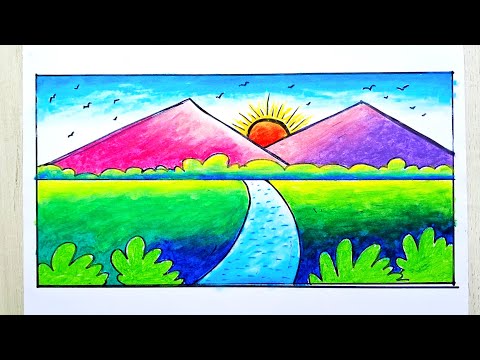 Clean Mountain Scenery Drawing | Oil pastels scenery drawing | art & drawing | Kisholoy